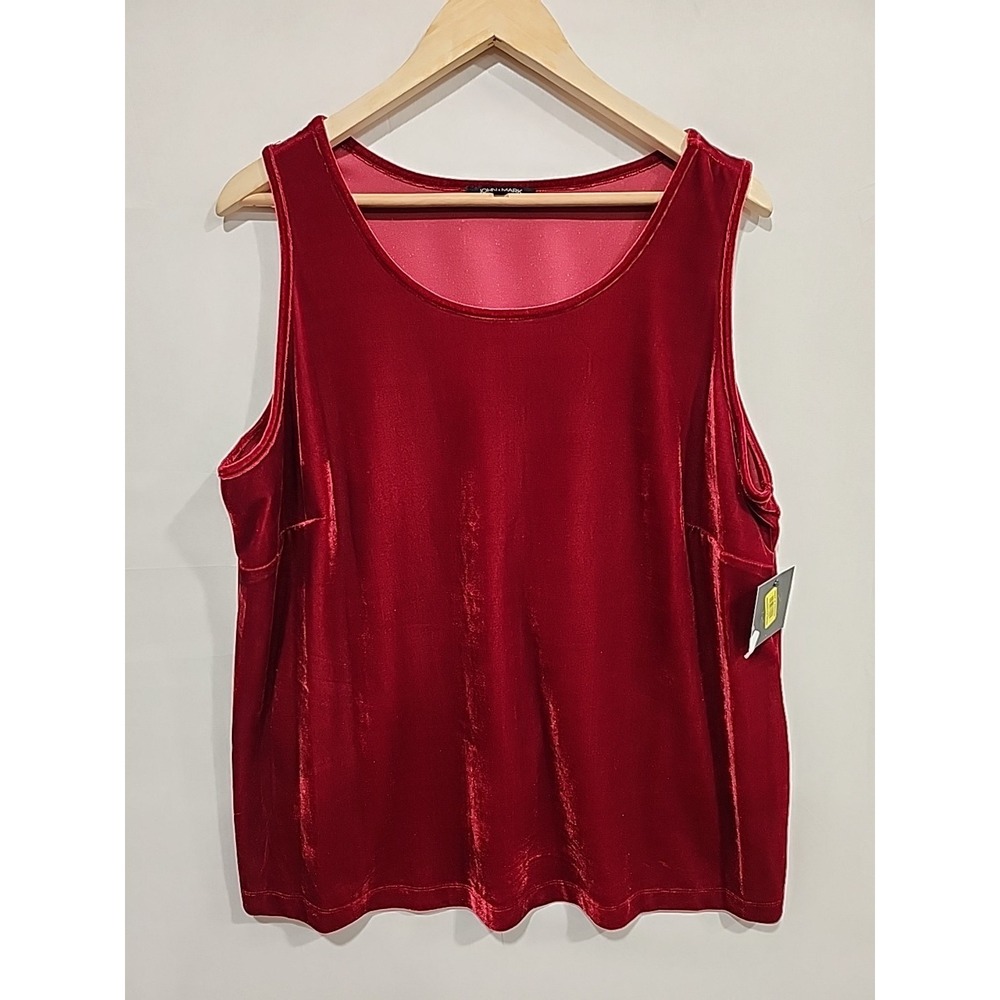 John Mark NWT Blouse Womens 1X Red, Sleeveless Velvety Top, Soft Stretchy